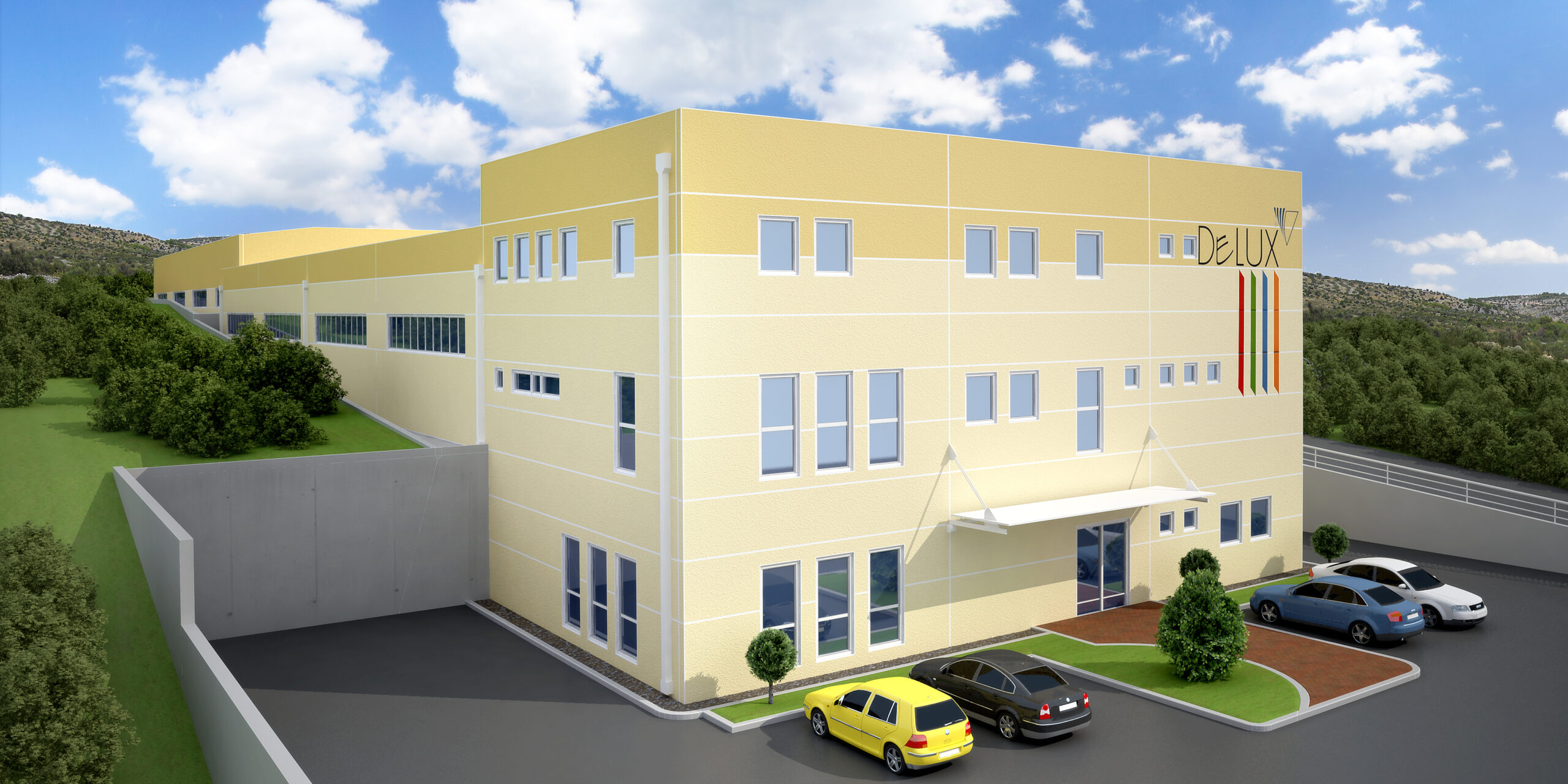 Delux d.o.o. – ulaz u poslovno‑proizvodni objekt s logotipom i parkiralištem