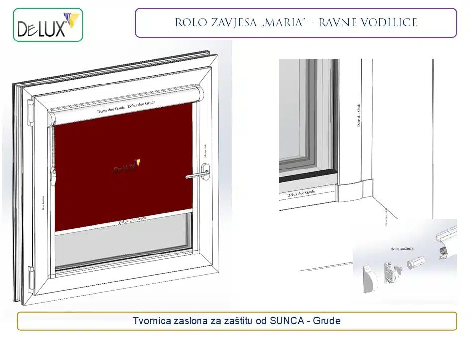 Delux rolo zavjesa Maria s ravnim vodilicama osigurava da tkanina stoji uz staklo i pruža potpuno zatamnjenje