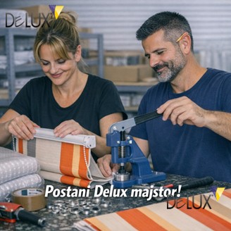 U radionici izrađuju tendu od prugastog platna, koriste prešu za učvršćivanje prstenova i rade za stolom s materijalima i alatom, Delux promotivni vizual