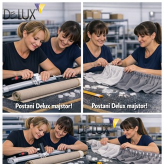 Kolaž od četiri fotografije ženske i muške osobe koje u proizvodnoj hali sastavljaju i pregledavaju dijelove zavjesa, s alatom i materijalima na radnom stolu, Delux brendirani vizual