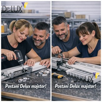 olaž s dvije scene u radionici gdje muškarac i dvije žene zajedno sastavljaju mehanizam za rolo ili zebra zavjese, koriste alat na radnom stolu i surađuju u procesu, Delux promotivni vizual