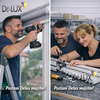 Kolaž s dvije scene: muškarac montira roletnu na zid koristeći bušilicu, dok u drugoj sceni muškarac i žena zajedno popravljaju mehanizam roletne na radnom stolu, Delux promotivni vizual
