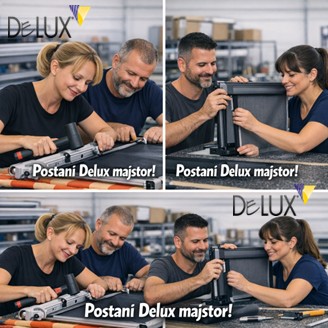 Četiri fotografije radnika u proizvodnoj hali koji sastavljaju metalne okvire i koriste alat na radnim stolovima, Delux brendirani promotivni kolaž