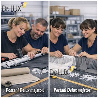 Kolaž od dvije scene u proizvodnoj hali gdje radnici sastavljaju mehanizme i tekstilne dijelove zavjesa na radnim stolovima, Delux brendirani promotivni vizual