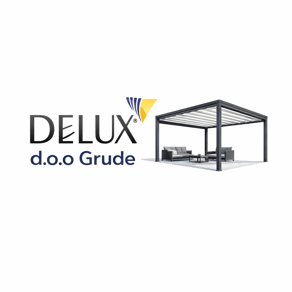 Bioklimatska pergola s aluminijskom konstrukcijom i sjenilima uz logo Delux d.o.o. Grude
