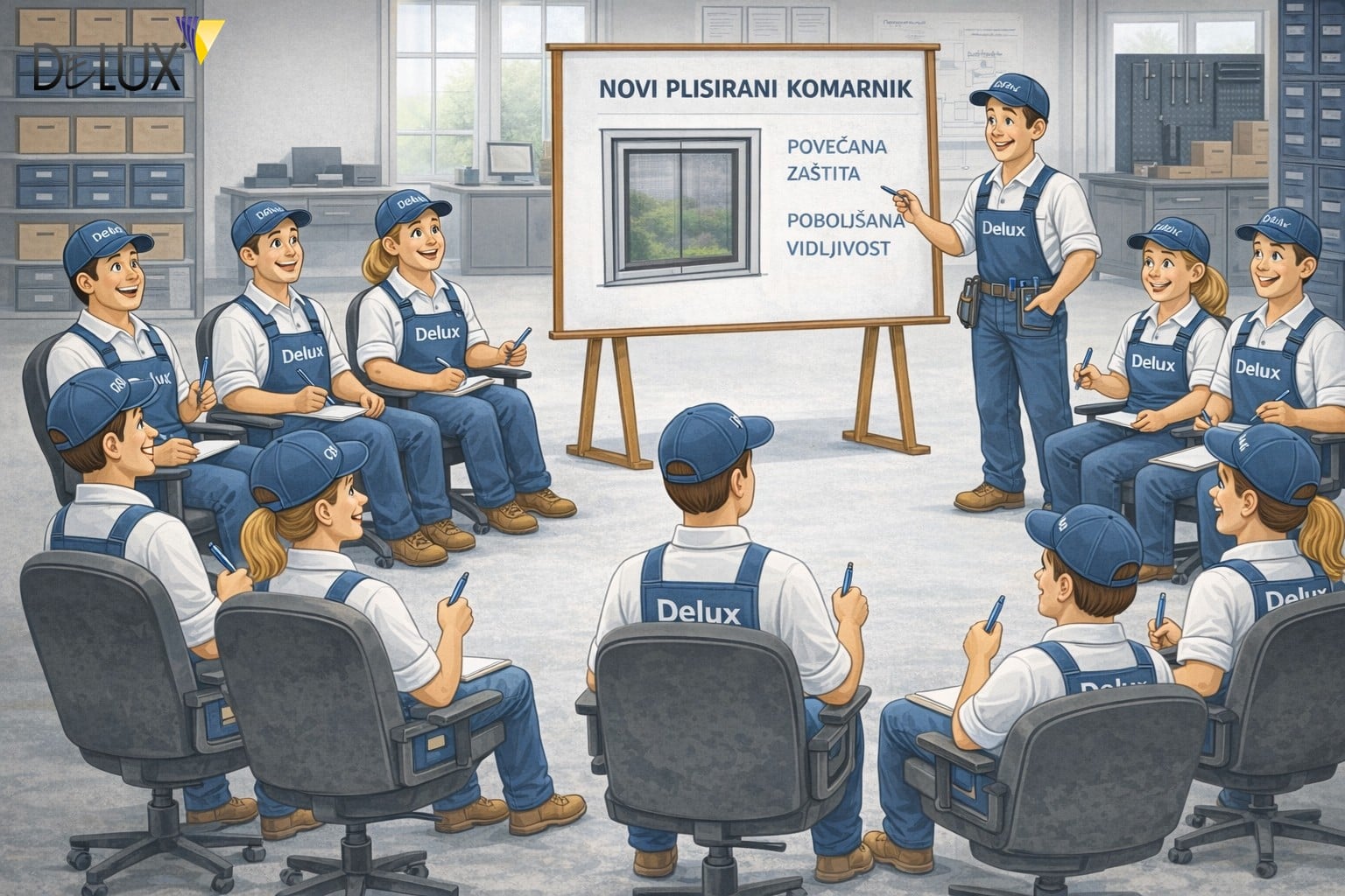 Delux doo tim na prezentaciji novog plisiranog komarnika u proizvodnom pogonu