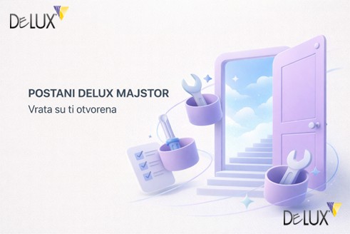 Regrutacijski vizual Deluxa s otvorenim vratima i sloganom Postani Delux majstor – Vrata su ti otvorena