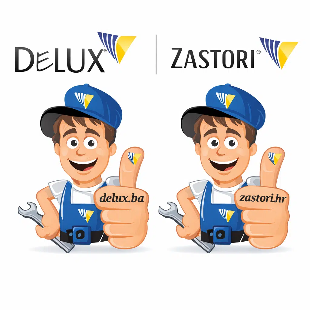 Crtane maskote Delux i Zastori brenda s alatom, palčevima gore i domenama delux.ba i zastori.h.jpg