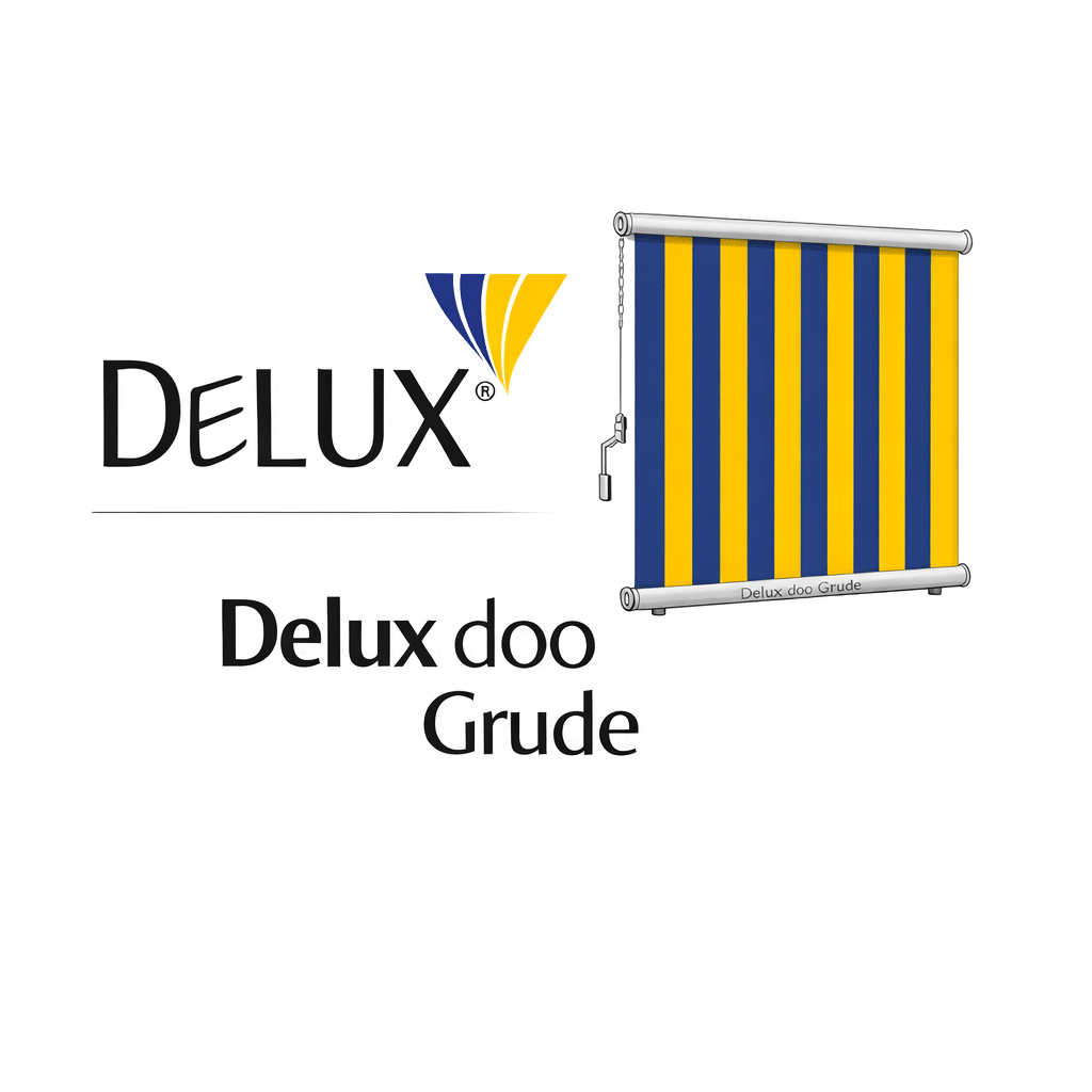 Balkonska tenda u žuto-plavim prugama uz logo Delux d.o.o. Grude