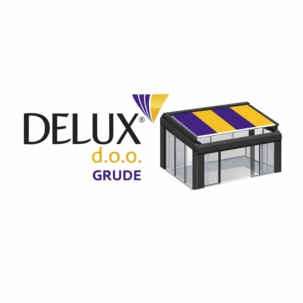 Krovna tenda u žuto-ljubičastoj kombinaciji uz logo Delux d.o.o. Grude