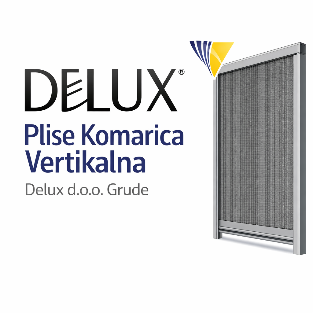 Vertikalna plise komarica u aluminijskom okviru uz logo Delux d.o.o. Grude
