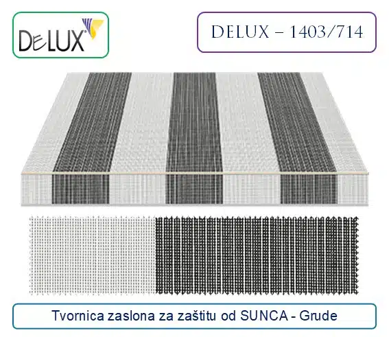 Široko sivo-bijelo prugasto platno za tende i zaslone, model DELUX - 1403/714, Tvornica Grude