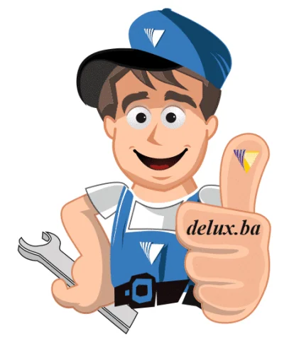 Crtana maskote Delux doo brenda s alatom, palčevima gore i domenom delux.ba.jpg